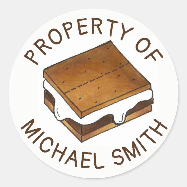 PROPERTY OF Personalised Campfire S'mores Camp Classic Round Sticker (Front)