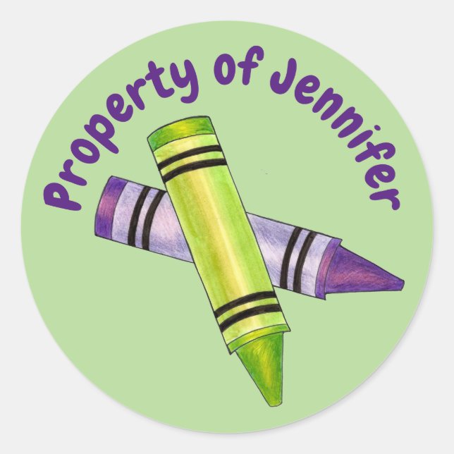 Property of Personalised Green Purple Crayon Classic Round Sticker (Front)
