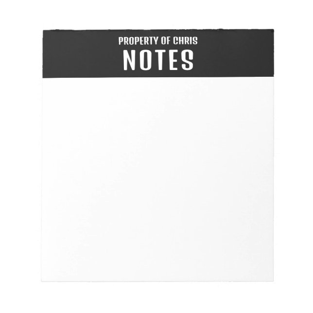 Property Of Personalised Name Black And White Notepad (Front)