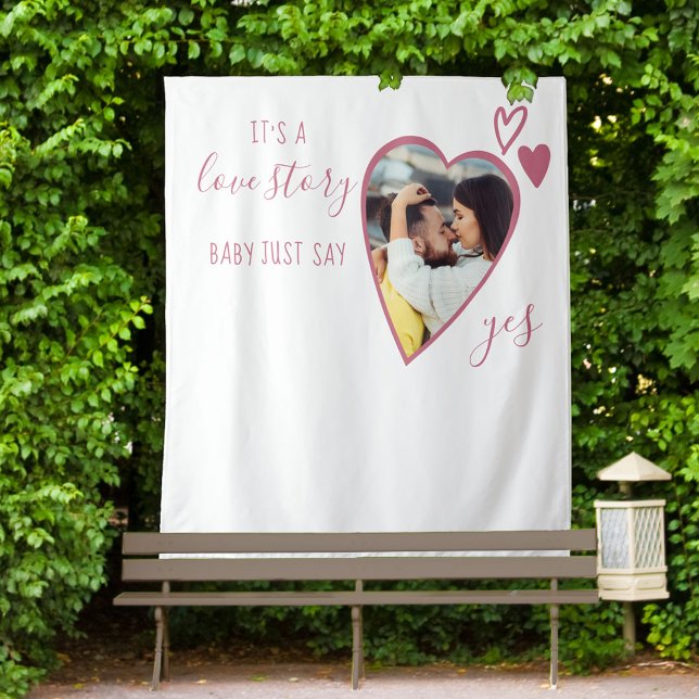 Propose Heart Photo Love Story Say Yes Pink Script Tapestry (Creator Uploaded)