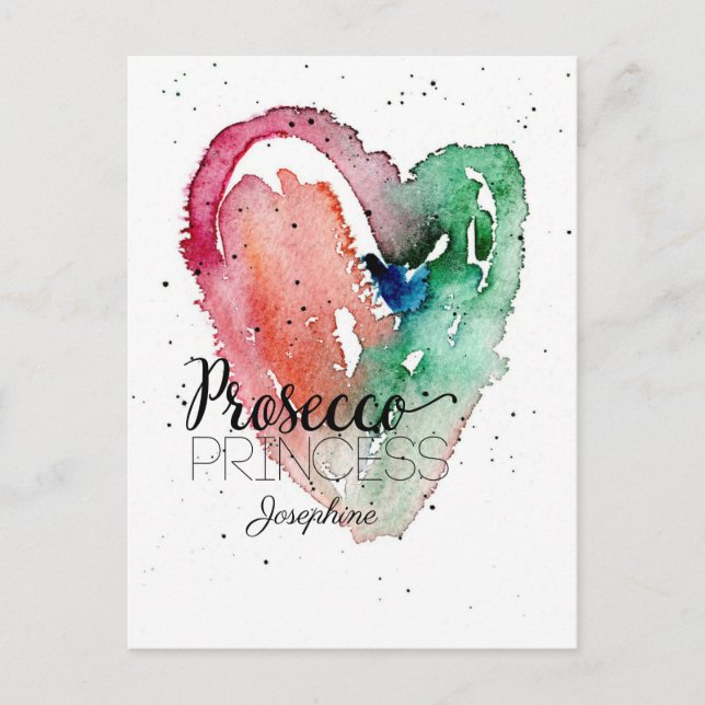 'Prosecco Princess' Monogram Watercolor Heart Postcard (Front)