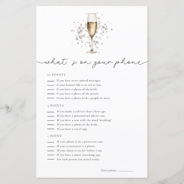Prosecco Whats On Your Phone Bridal Shower Game (Front)