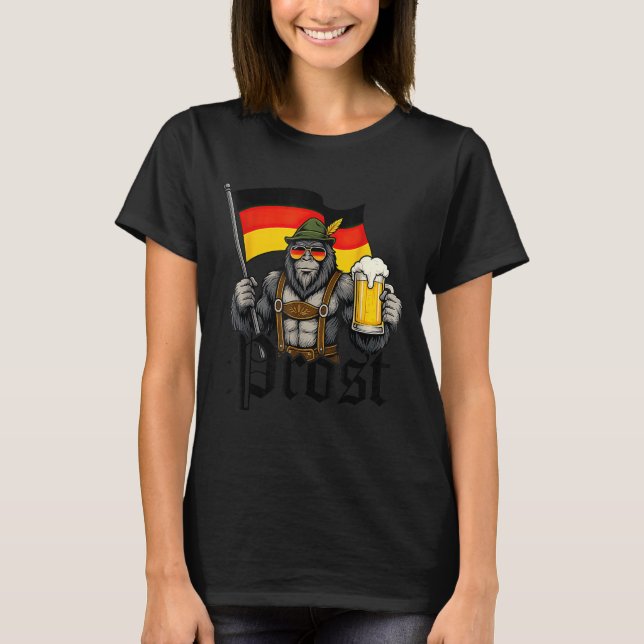 Prost Bigfoot Drinking Beer Lederhosen German  T-Shirt (Front)