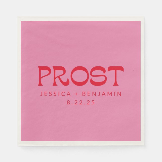 Prost Groovy Pink Red Typography Names Wedding Napkin (Front)