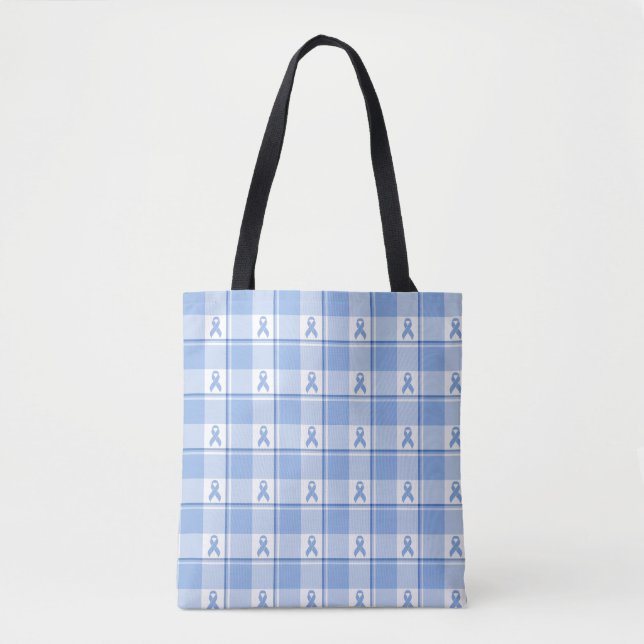 Prostate Cancer Awareness Plaid Light Blue Ribbon Tote Bag (Front)