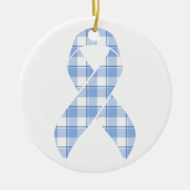 Prostate Cancer Survivor Plaid Light Blue Ribbon Ceramic Tree Decoration (Front)
