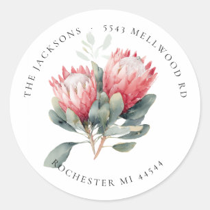 Protea Blush Watercolor Flowers Return Address Classic Round Sticker