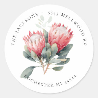 Protea Blush Watercolor Flowers Return Address Classic Round Sticker