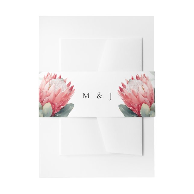 Protea Blush Watercolor Flowers Wedding Invitation Belly Band (Front Example)