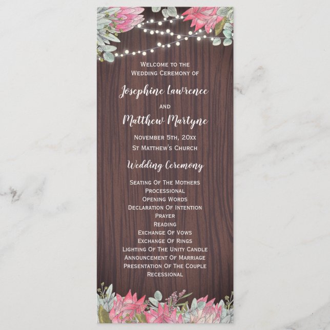 Protea Eucalyptus Foliage Lights Wood Wedding Programme (Front)