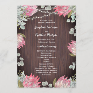 Protea Eucalyptus Lights Wood Rustic Wedding Programme