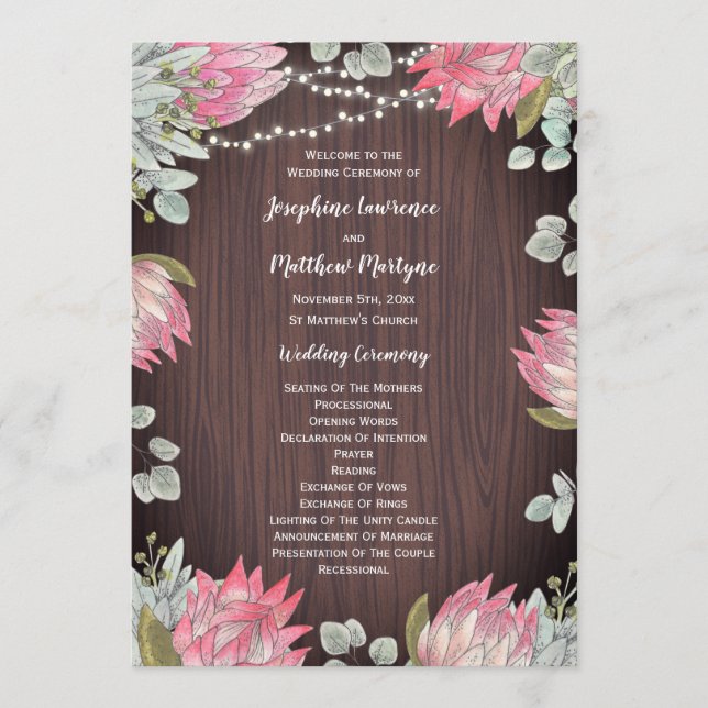 Protea Eucalyptus Lights Wood Rustic Wedding Programme (Front)