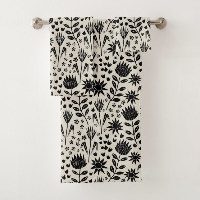 Protea Floral Block Print Millefleur black linen Bath Towel Set (Insitu)