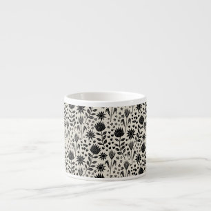 Protea Floral Block Print Millefleur black linen Espresso Cup