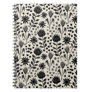 Protea Floral Block Print Millefleur black linen Notebook