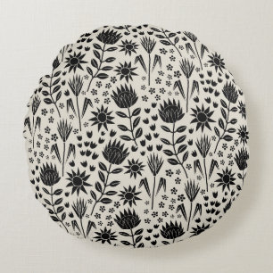 Protea Floral Block Print Millefleur black linen Round Cushion