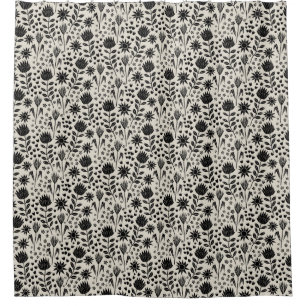 Protea Floral Block Print Millefleur black linen Shower Curtain