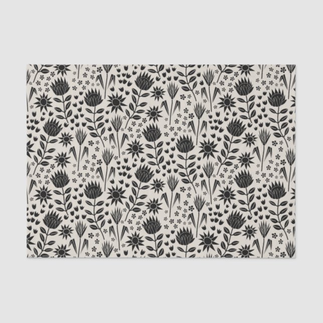 Protea Floral Block Print Millefleur black linen Tissue Paper (Front)