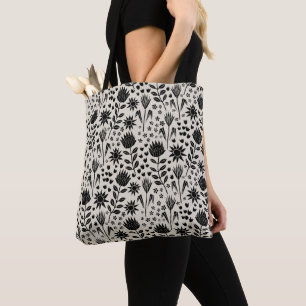 Protea Floral Block Print Millefleur black linen Tote Bag