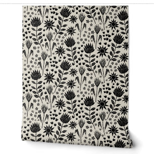 Protea Floral Block Print Millefleur black linen Wallpaper