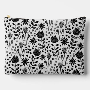Protea Floral Block Print Millefleur black white Accessory Pouch
