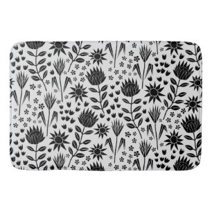 Protea Floral Block Print Millefleur black white Bath Mat