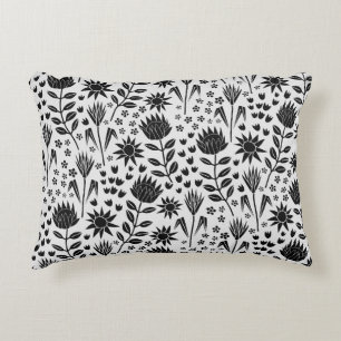 Protea Floral Block Print Millefleur black white Decorative Cushion