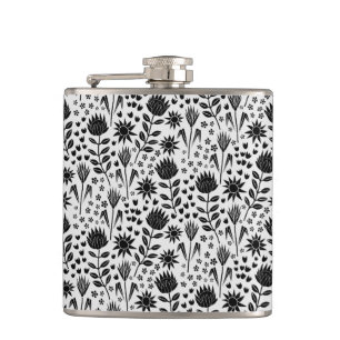 Protea Floral Block Print Millefleur black white Hip Flask