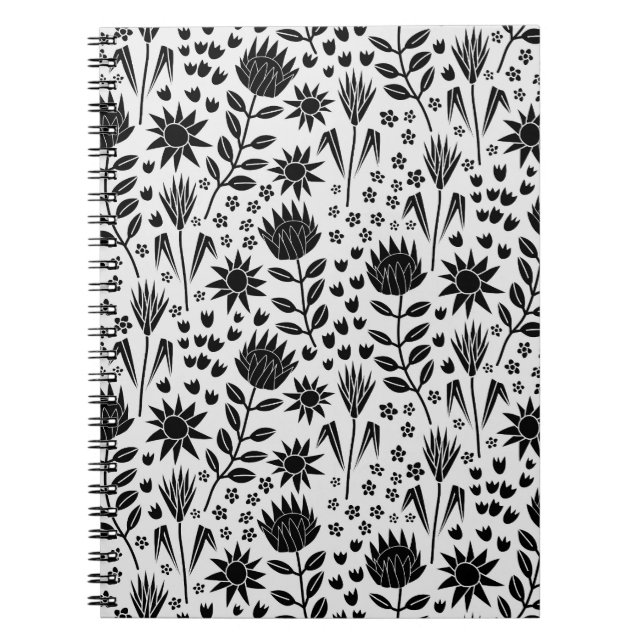 Protea Floral Block Print Millefleur black white Notebook (Front)