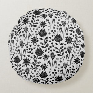 Protea Floral Block Print Millefleur black white Round Cushion