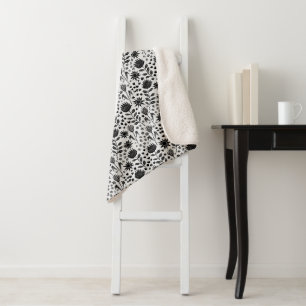 Protea Floral Block Print Millefleur black white Sherpa Blanket