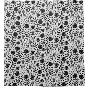 Protea Floral Block Print Millefleur black white Shower Curtain