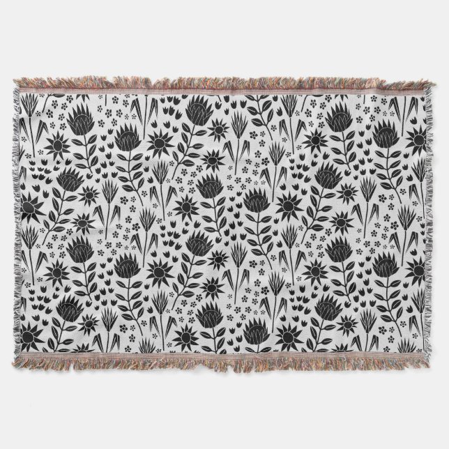 Protea Floral Block Print Millefleur black white Throw Blanket (Front)