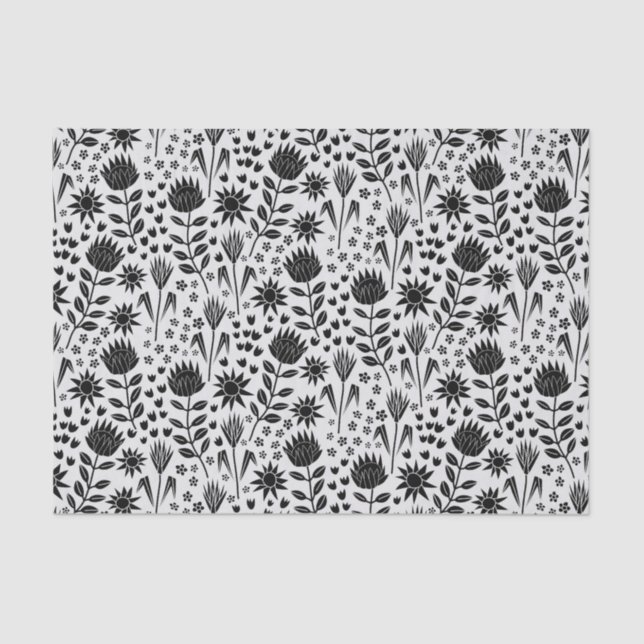 Protea Floral Block Print Millefleur black white Tissue Paper (Front)