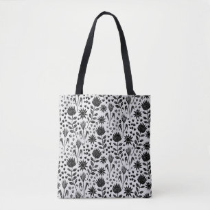 Protea Floral Block Print Millefleur black white Tote Bag