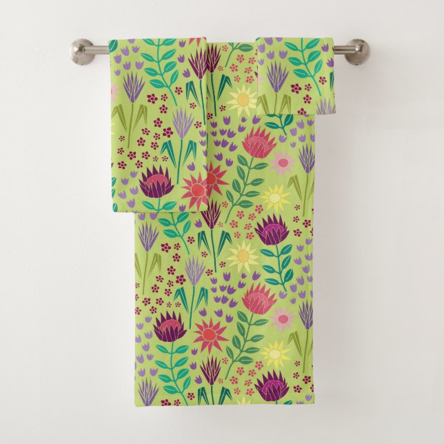 Protea Floral Block Print Millefleur cheery green Bath Towel Set (Insitu)