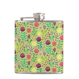 Protea Floral Block Print Millefleur cheery green Hip Flask