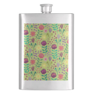 Protea Floral Block Print Millefleur cheery green Hip Flask
