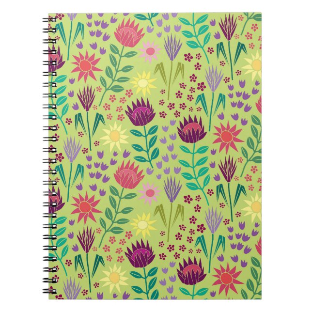 Protea Floral Block Print Millefleur cheery green Notebook (Front)