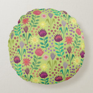 Protea Floral Block Print Millefleur cheery green Round Cushion