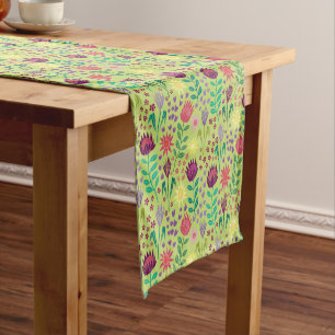 Protea Floral Block Print Millefleur cheery green Short Table Runner