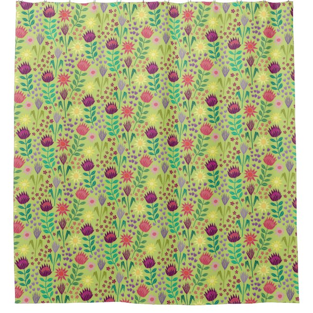 Protea Floral Block Print Millefleur cheery green Shower Curtain (Front)