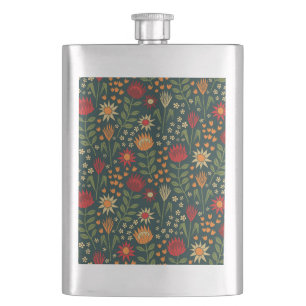 Protea Floral Block Print Millefleur darks Hip Flask