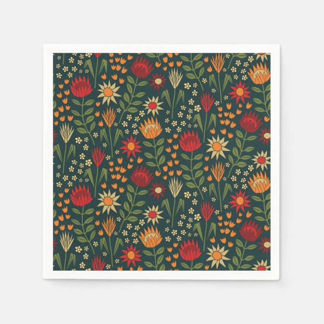 Protea Floral Block Print Millefleur darks Napkin (Front)
