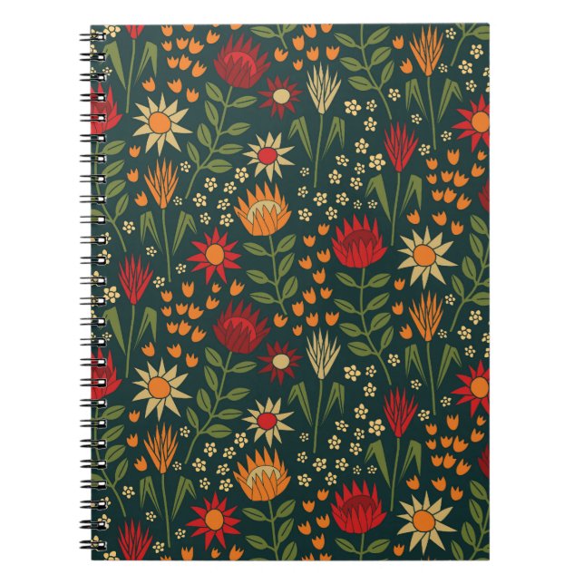 Protea Floral Block Print Millefleur darks Notebook (Front)