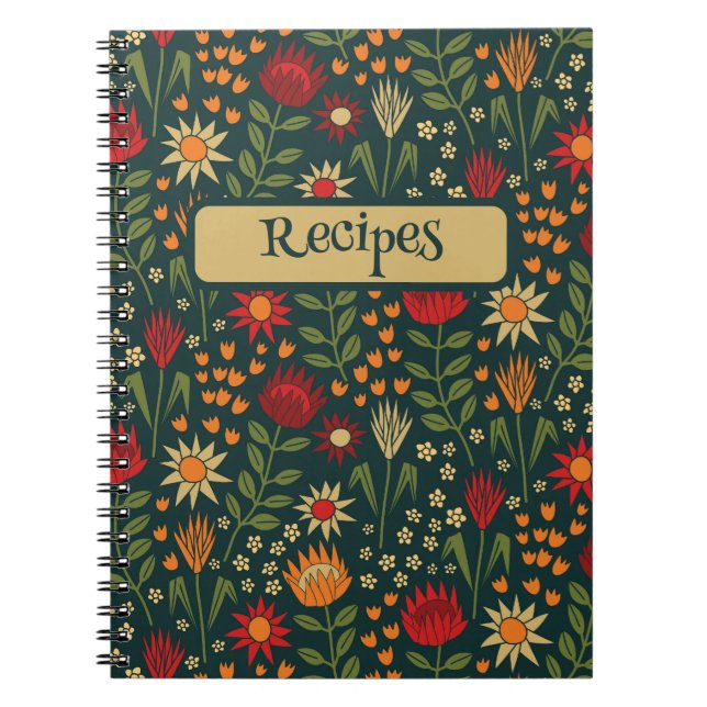 Protea Floral Block Print Millefleur darks Notebook (Front)
