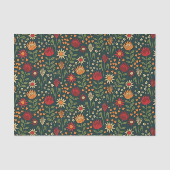 Protea Floral Block Print Millefleur darks Tissue Paper (Front)