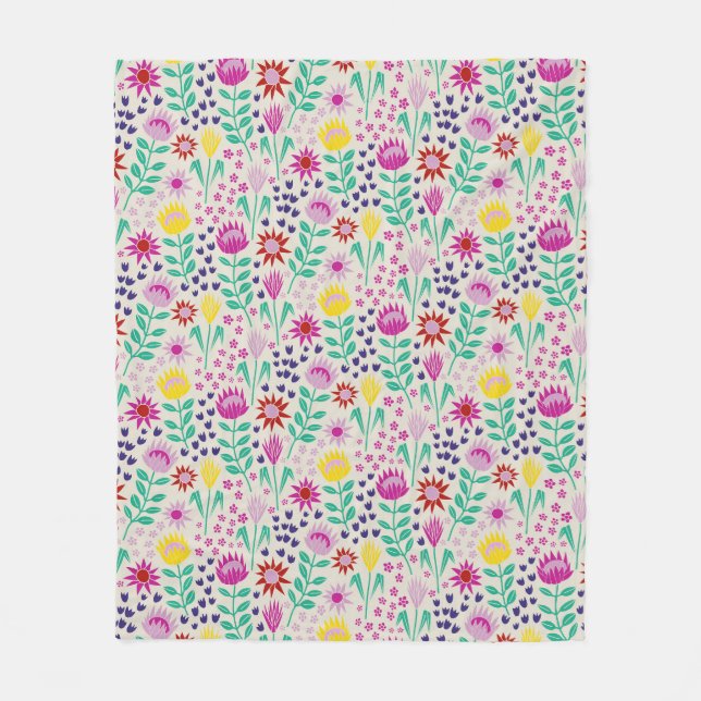Protea Floral Block Print Millefleur lights Fleece Blanket (Front)