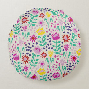 Protea Floral Block Print Millefleur lights Round Cushion