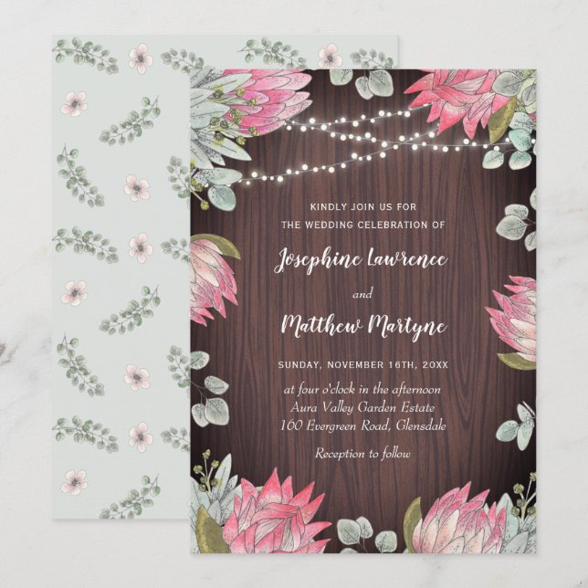 Protea Floral Lights Wood Wedding Invitation (Front/Back)